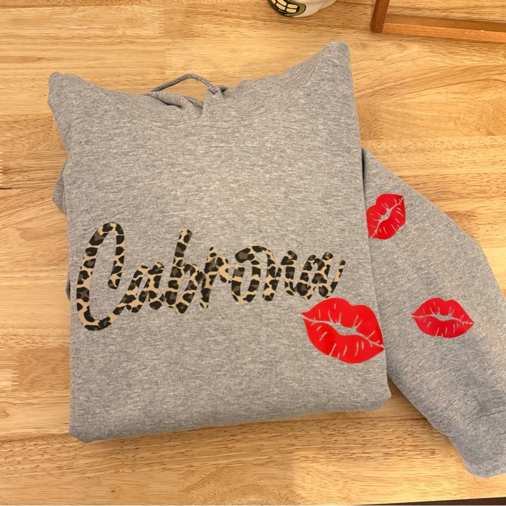Gildan Gray Cabrona Hoodie with Leopard Print and Red Lips